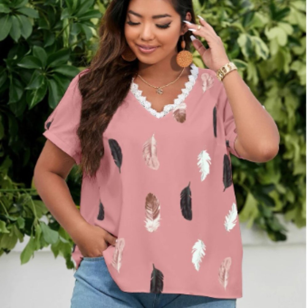 Feather Print Notch Neck Blouse Women Casual Blouse Shirt 3XL